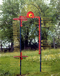 gateless gate, das torlose tor<br>skulptur, aus landwirtschaftlichen<br>maschinenteilen geschweisst, bemalt,<br>4,50 m hoch, ca. 2,50 m breit